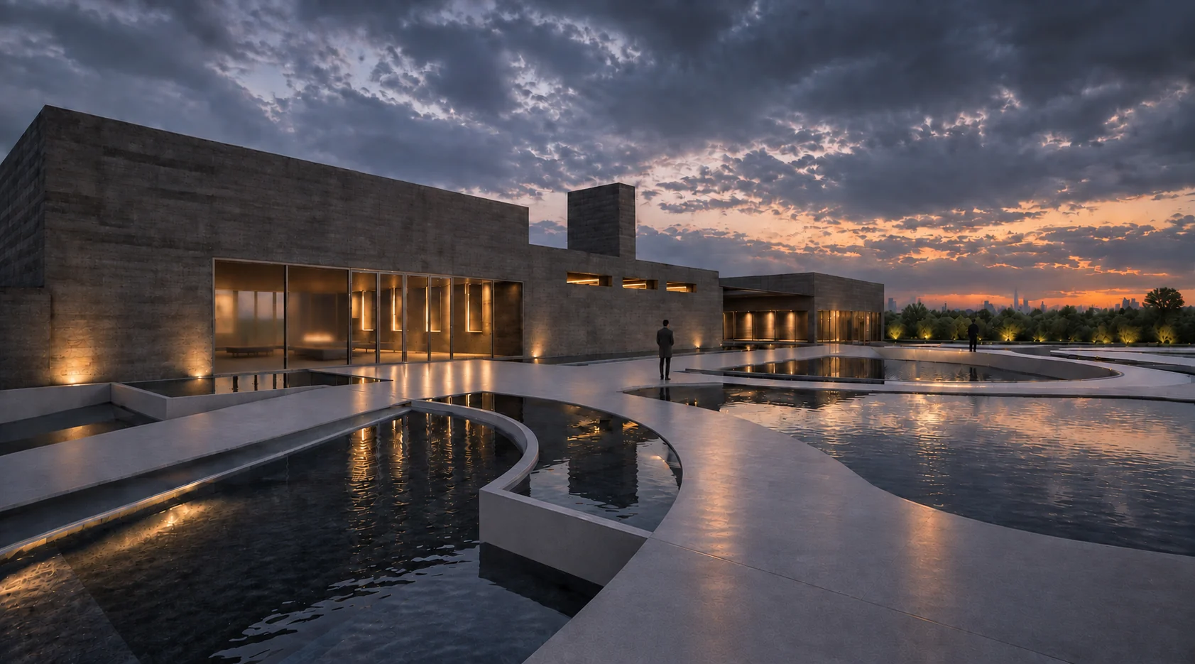 Reflecting pools at sunset